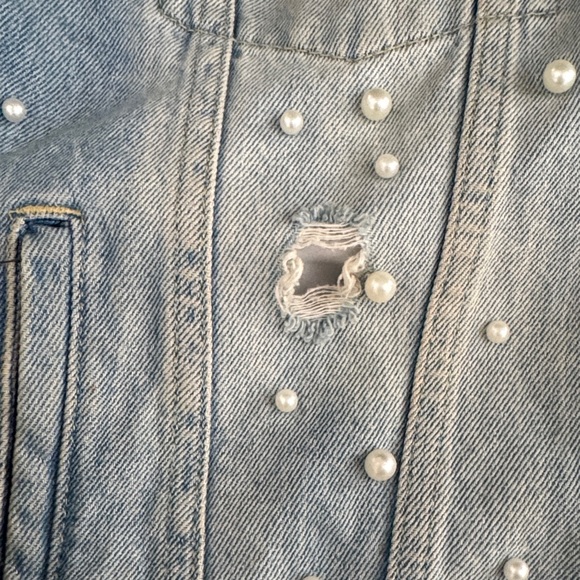 Free People Light Blue Distressed Jean Jacket with Pearl Accents - Picture 5 of 5